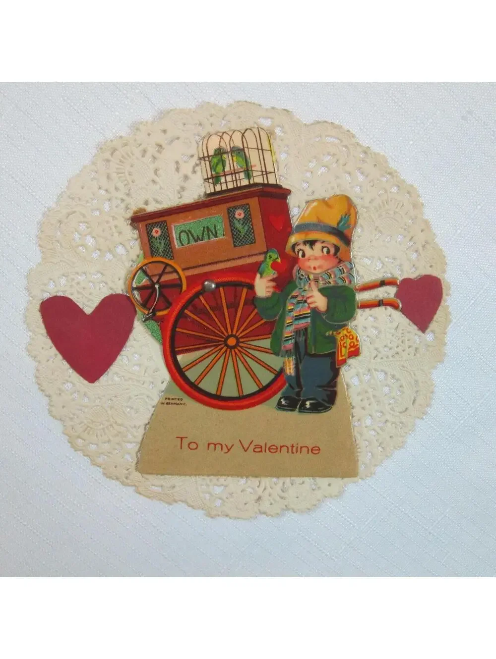Vintage 1931 Valentine Card Mechanical Boy w/ Birds Wagon Own True Love Germany